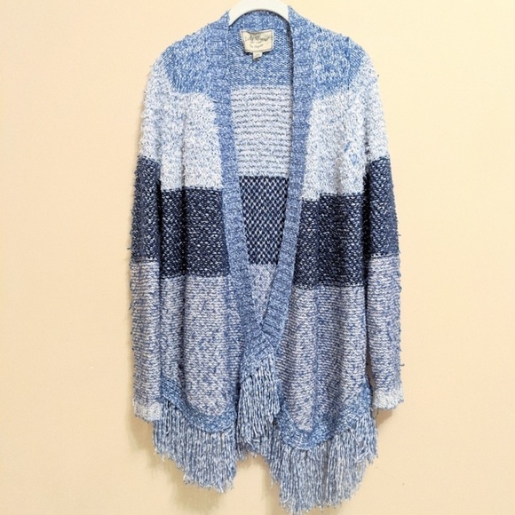 LUCKY BRAND Blue White Color Block Fringe Open Cardigan, Size XS - Picture 2 of 7